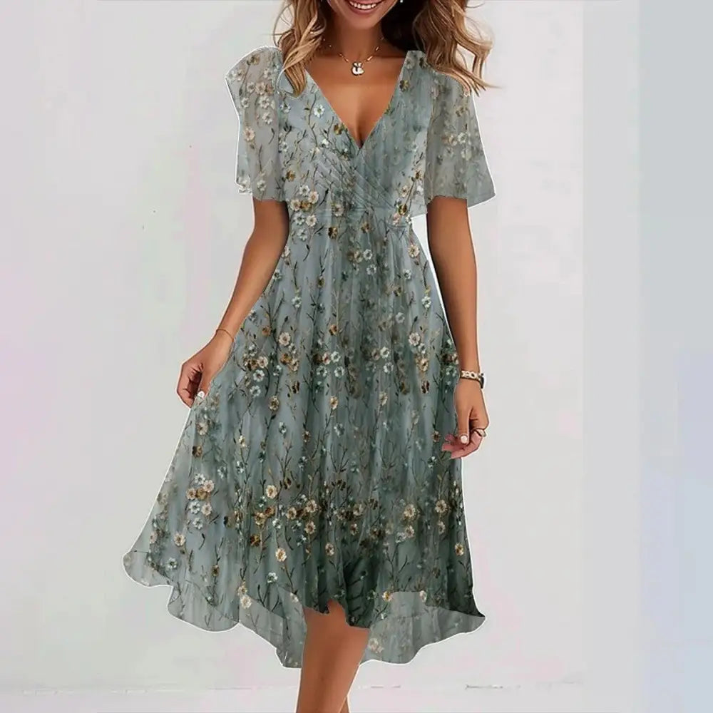 Chiffon Floral Dress - Gradient dark green / L
