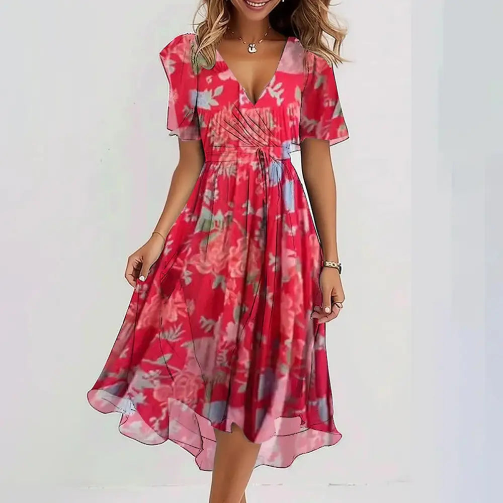 Chiffon Floral Dress - Red / S