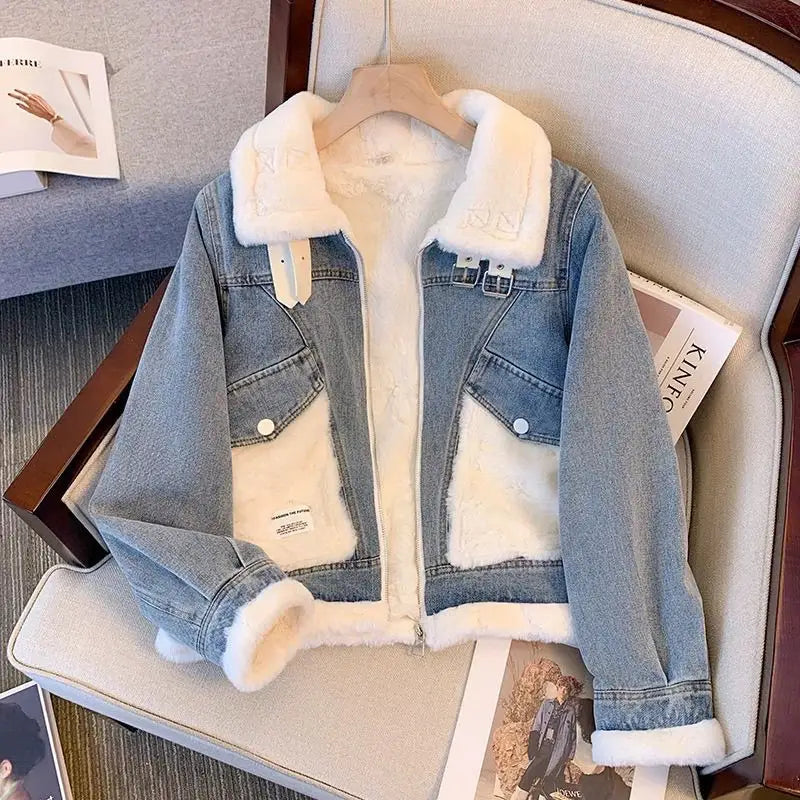 Denim jacket with faux fur trim.