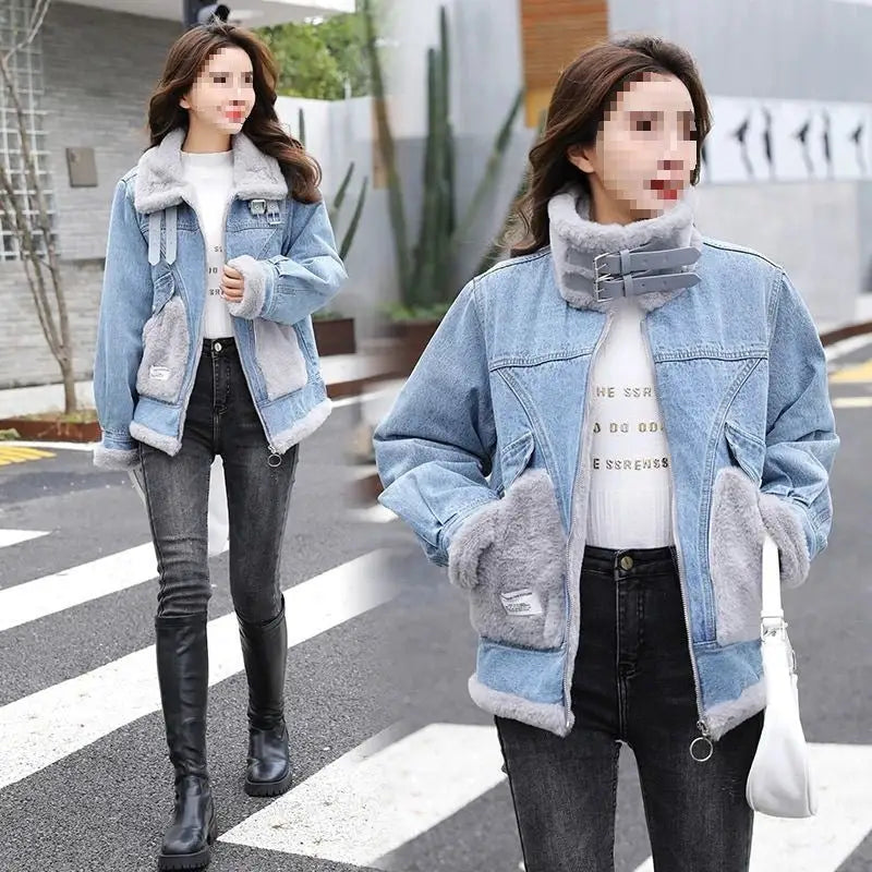 Denim jacket with fur trim.