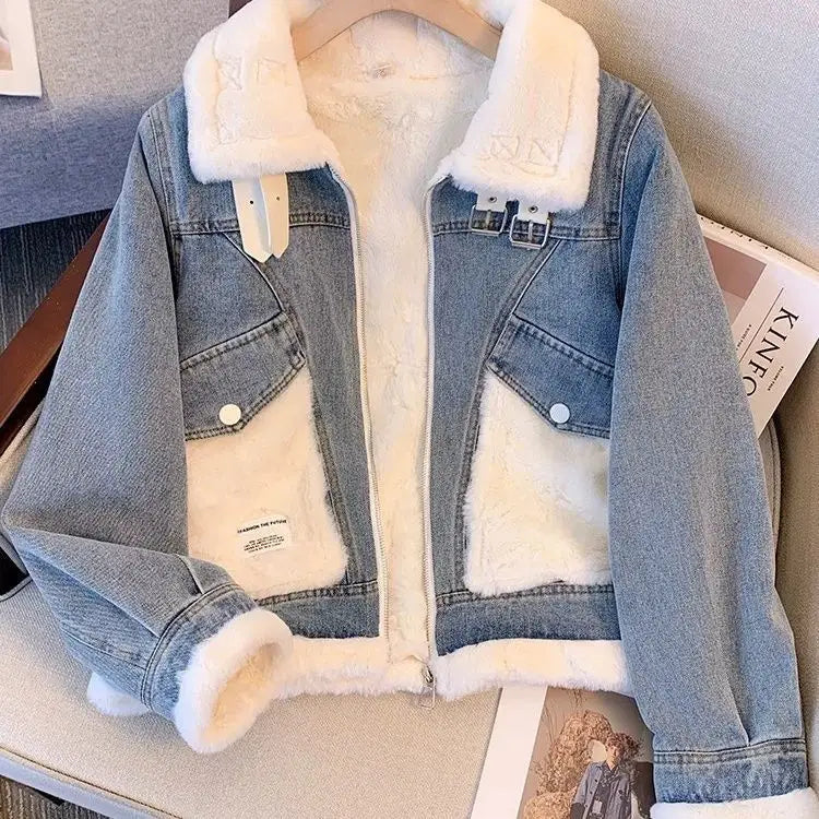 Denim jacket with faux fur trim.
