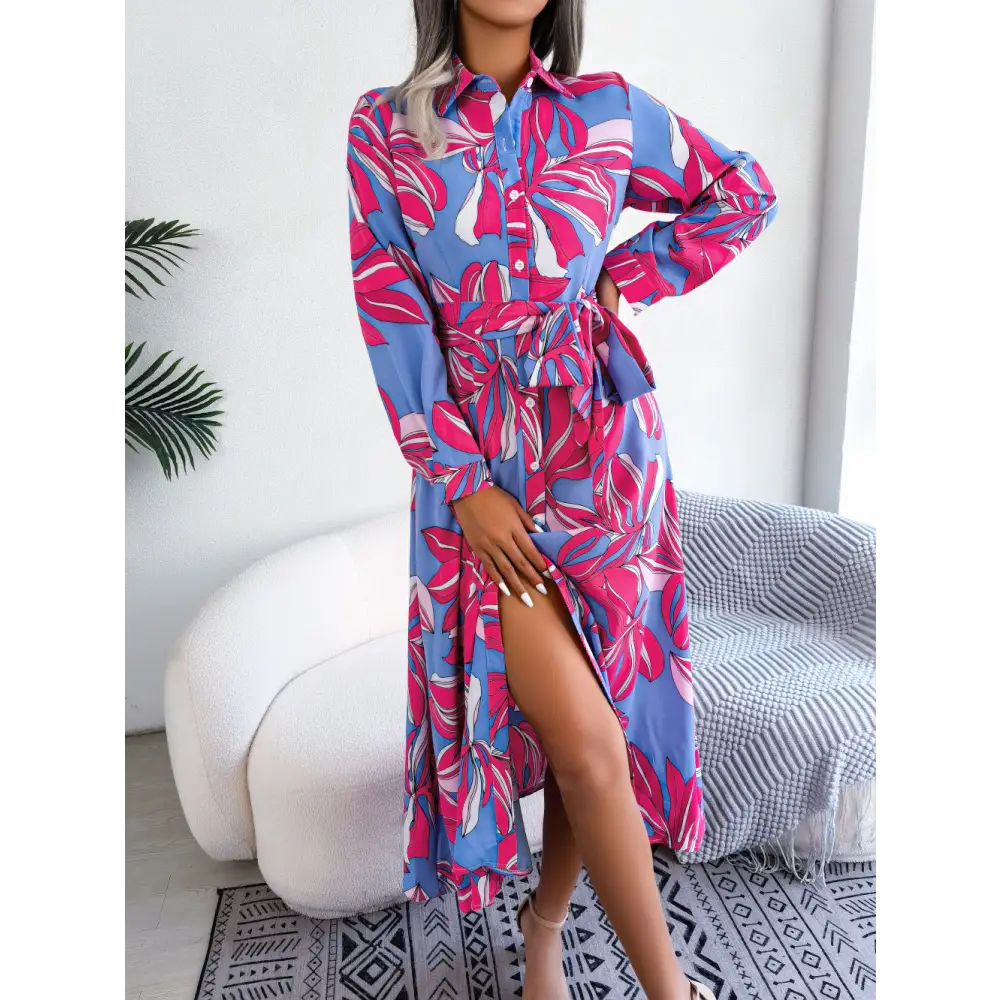 Contrast Color Flower Lapel Tied Shirt Dress Long Skirt