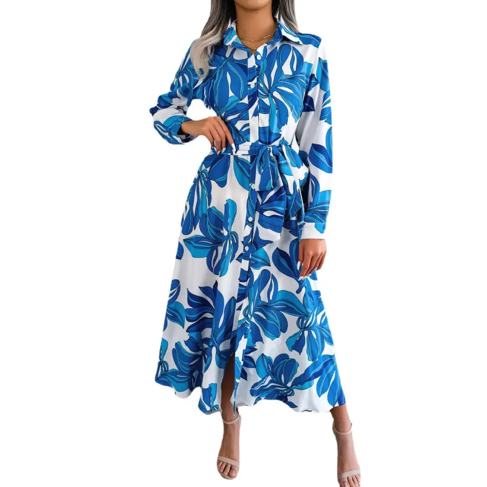 Contrast Color Flower Lapel Tied Shirt Dress Long Skirt