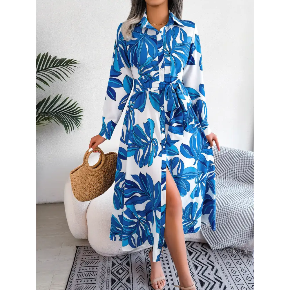 Contrast Color Flower Lapel Tied Shirt Dress Long Skirt - Blue / S