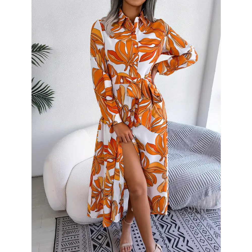 Contrast Color Flower Lapel Tied Shirt Dress Long Skirt - Orange / S