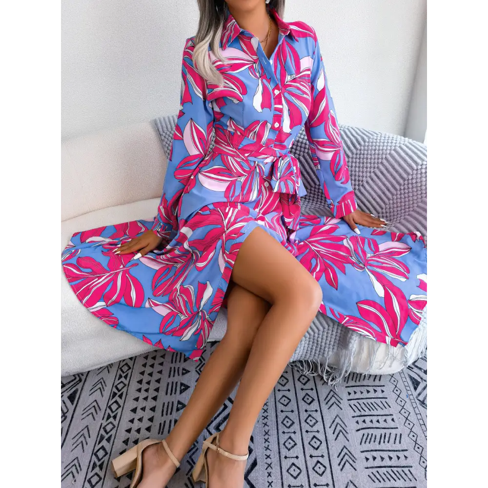 Contrast Color Flower Lapel Tied Shirt Dress Long Skirt - Rose Red / S