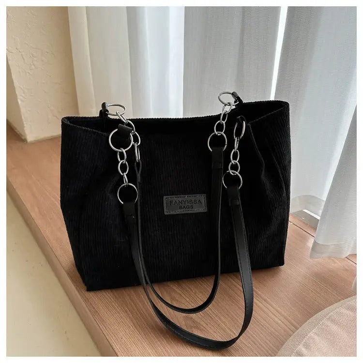 Corduroy Medium Handbag with Three-Dimensional Pocket - Black