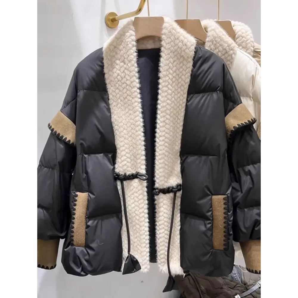 Cozy FrogVibe: Furry Padded V-Neck Down Coat