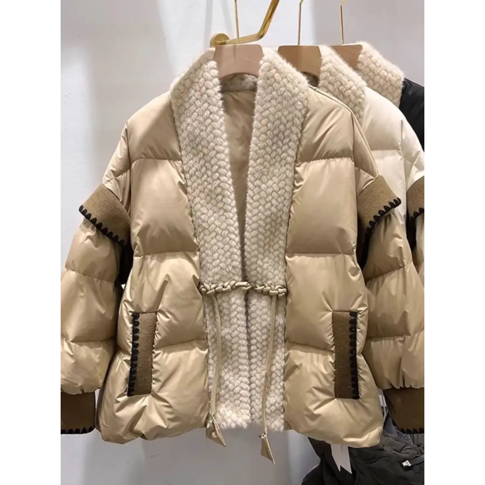 Cozy FrogVibe: Furry Padded V-Neck Down Coat