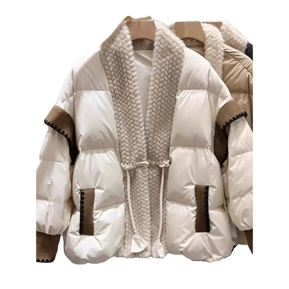 Cozy FrogVibe: Furry Padded V-Neck Down Coat