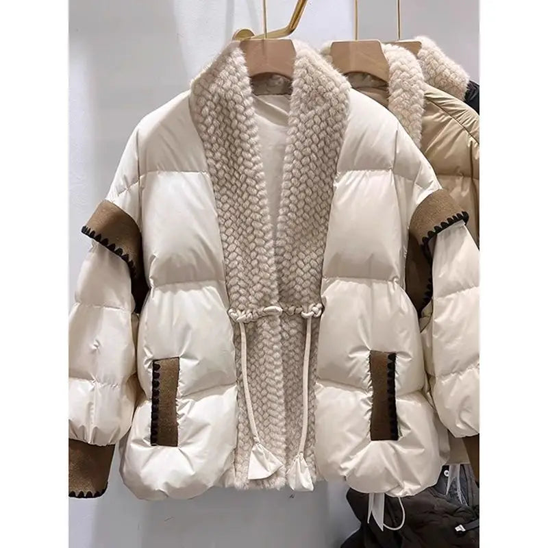 Cozy FrogVibe: Furry Padded V-Neck Down Coat - 9490 Beige / M