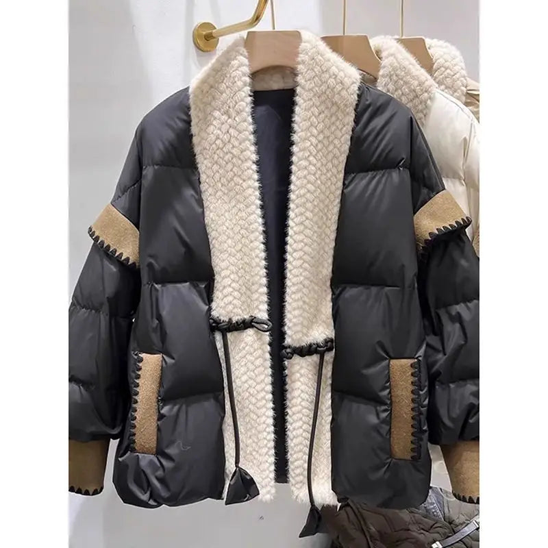 Cozy FrogVibe: Furry Padded V-Neck Down Coat - 9490 Black / M