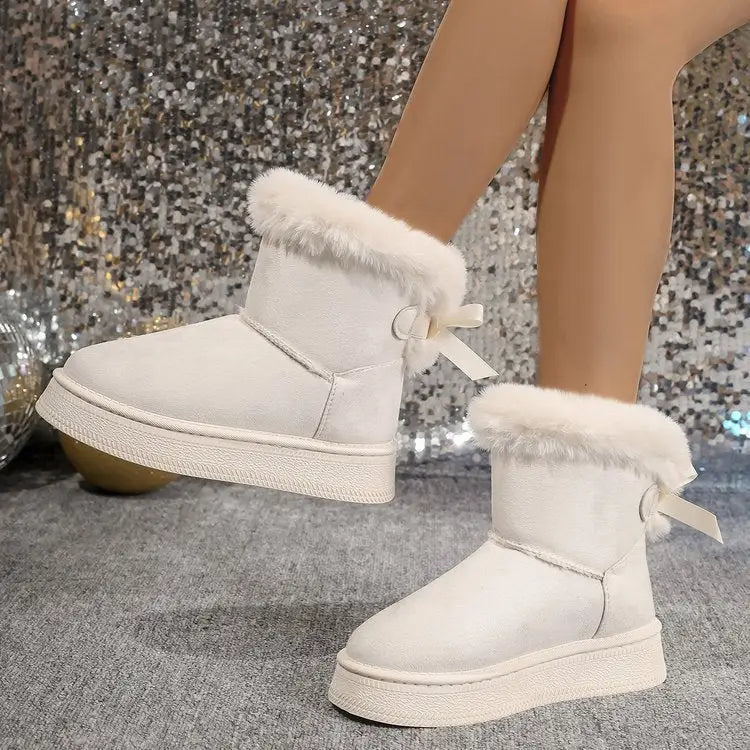 CozyBow Suede Snow Boots - Women’s Warm Plush Flats - Beige / Size36 - 4