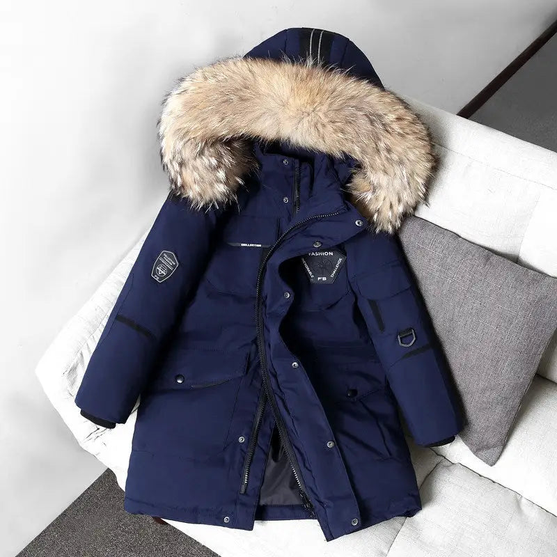 CozyBoys FurTrim Mid-Length Down Jacket - Dark Blue Primary Color Wool / 130cm