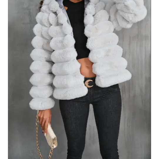 White faux fur hooded jacket.