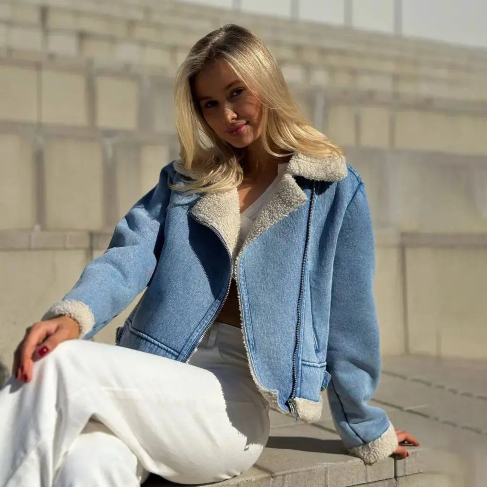 Light blue denim jacket with faux fur trim.