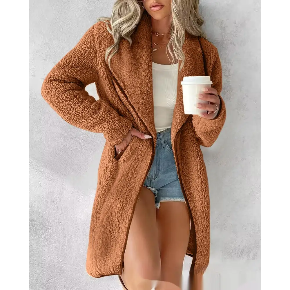 Brown, fuzzy, open-front cardigan.