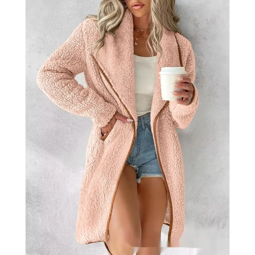 Long, pink, sherpa-style coat.