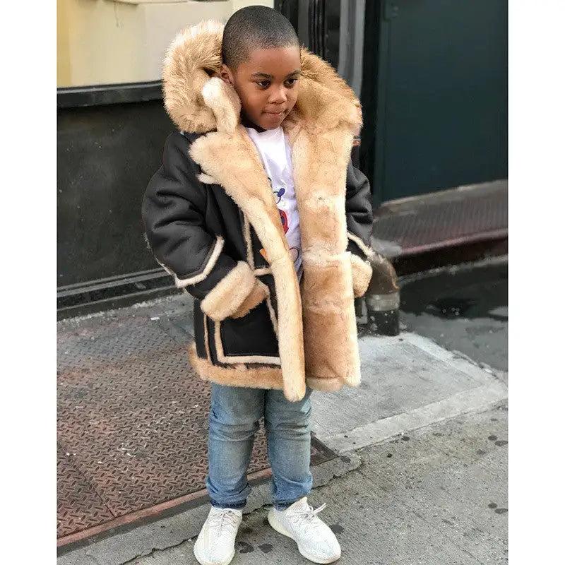 CozyCub Hooded Fur-Trimmed Jacket - Black / 130cm