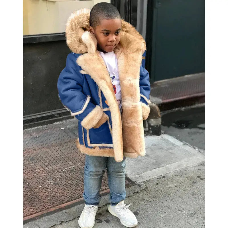 CozyCub Hooded Fur-Trimmed Jacket - Blue / 130cm