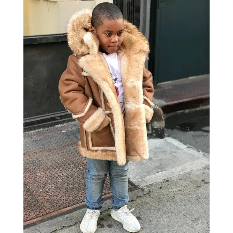 CozyCub Hooded Fur-Trimmed Jacket - Brown / 140cm