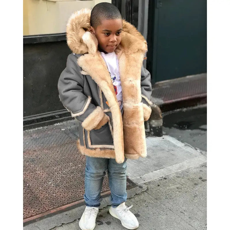 CozyCub Hooded Fur-Trimmed Jacket - Grey / 90cm