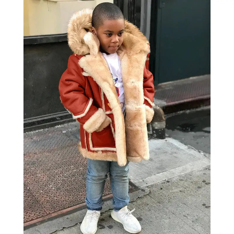 CozyCub Hooded Fur-Trimmed Jacket - Red / 100cm
