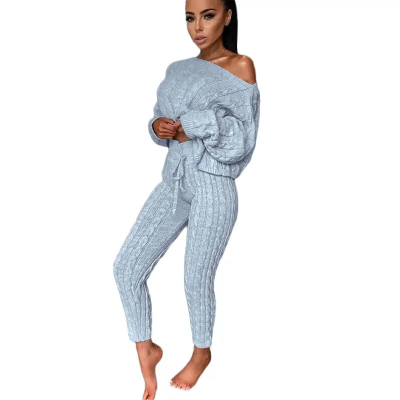 Woman’s light blue knitwear set.
