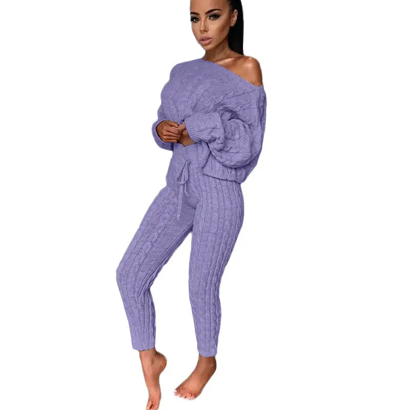 Lavender knit sweater and pants set.