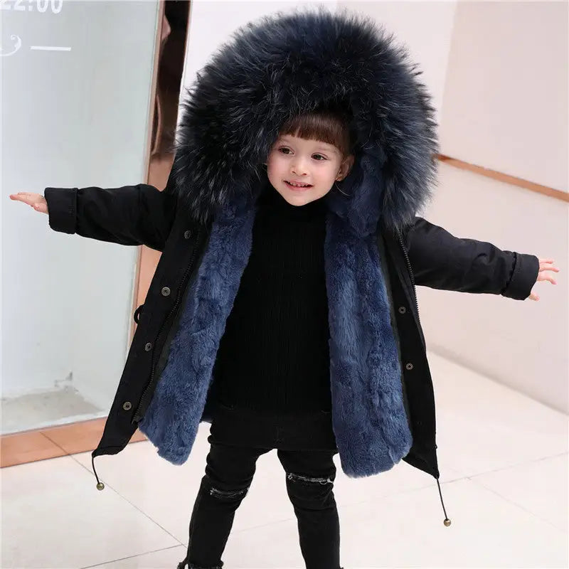 CozyKidz: Big Fur Collar Jackets for All Ages - Black with Sydney Blue / 110cm