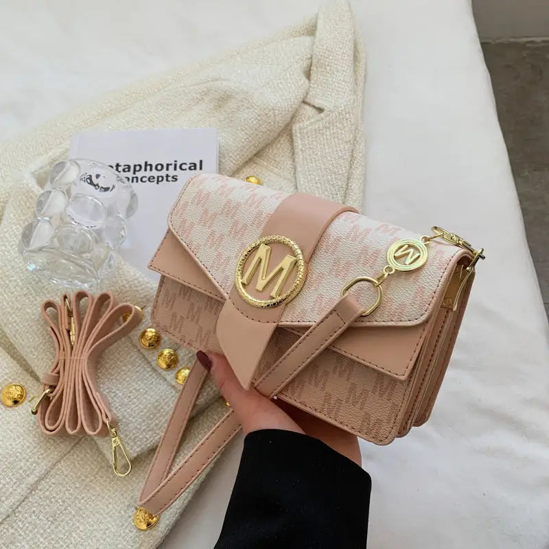 Creamy White and Pink PU Flap Bag with Nylon Lining and Zipper Compartments