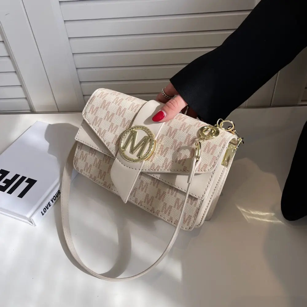 Creamy White and Pink PU Flap Bag with Nylon Lining and Zipper Compartments - Beige