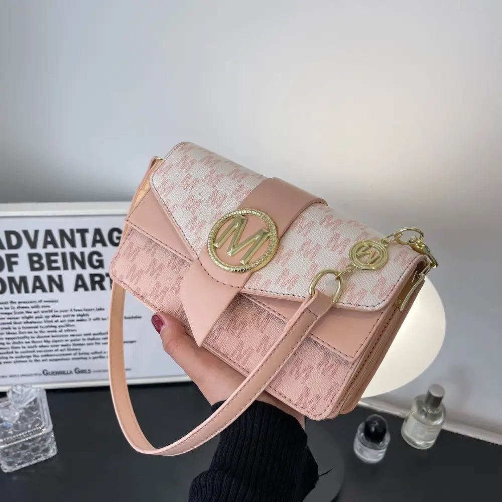 Creamy White and Pink PU Flap Bag with Nylon Lining and Zipper Compartments - Pink