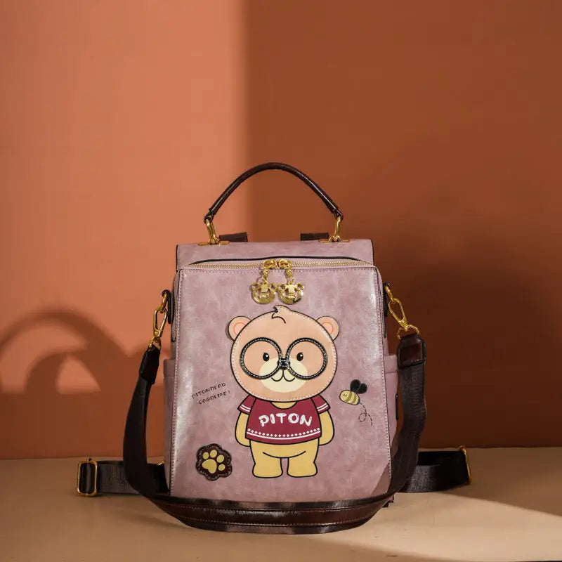 Creamy White and Pink Retro PU Backpack with European American Design - Pink
