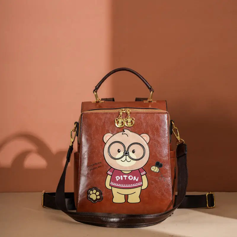 Creamy White and Pink Retro PU Backpack with European American Design - Brown