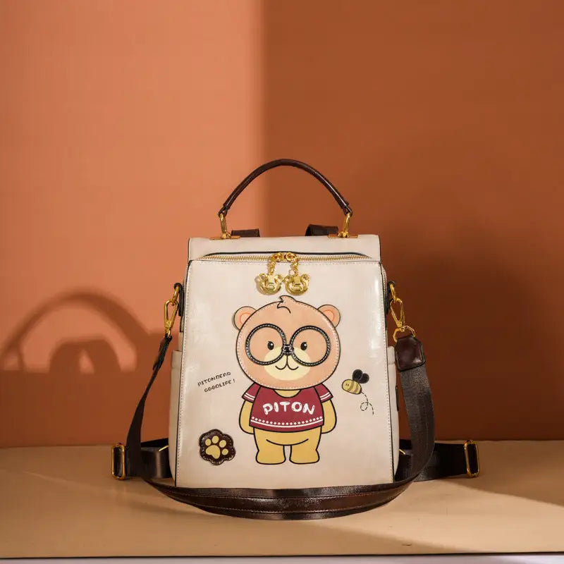 Creamy White and Pink Retro PU Backpack with European American Design - Beige
