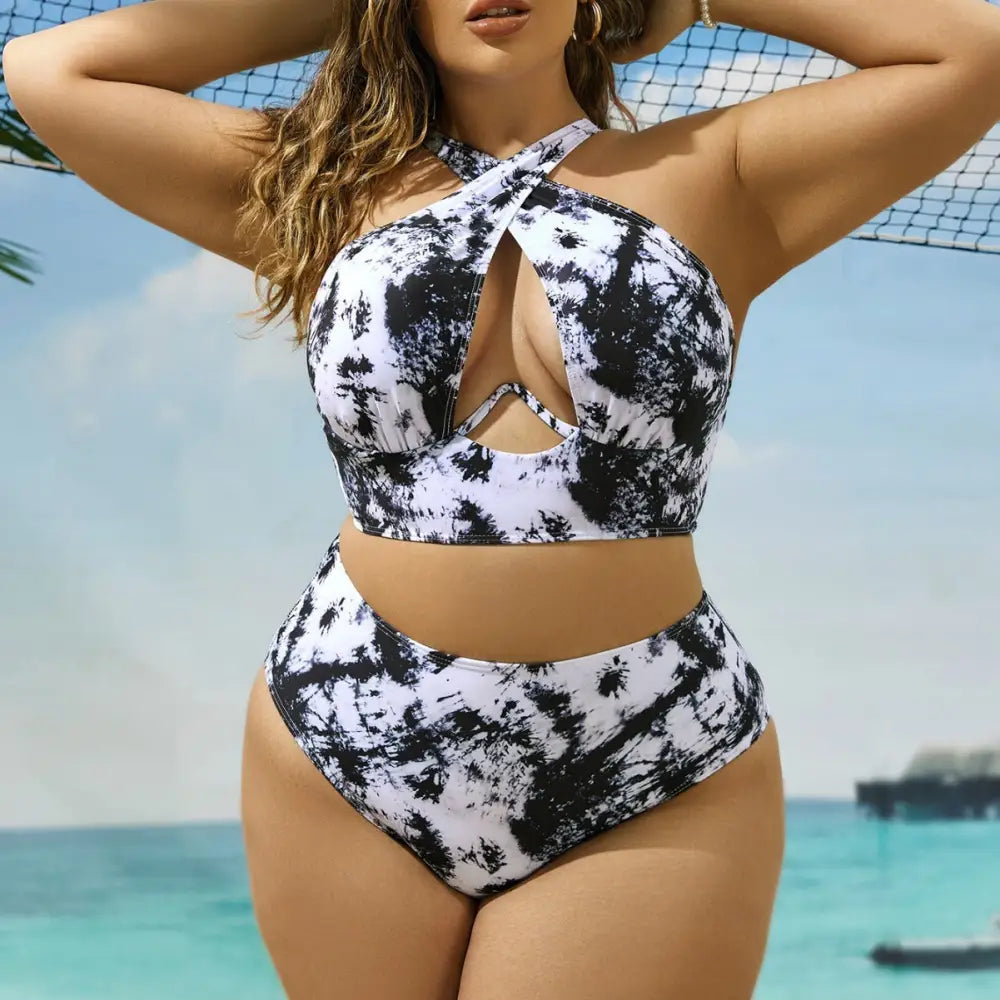 Cross Collar Random Printed Bikini Swimsuit Suit - Color / 0XL