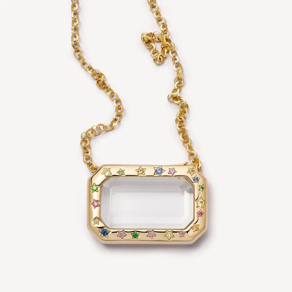 Crystal Locket Open and Close Photo Box Pendant Necklace - Rectangular Colored Diamonds