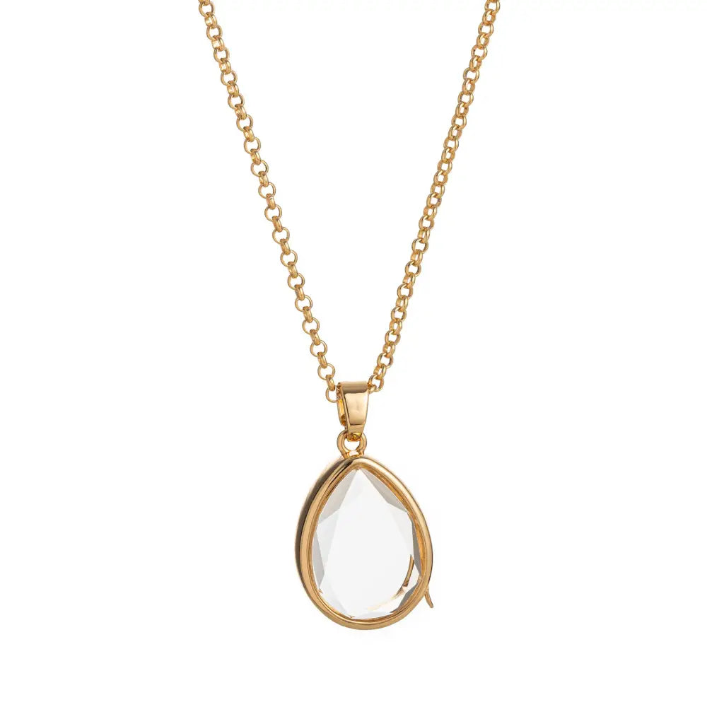 Crystal Locket Open and Close Photo Box Pendant Necklace - Transparent Water Droplets