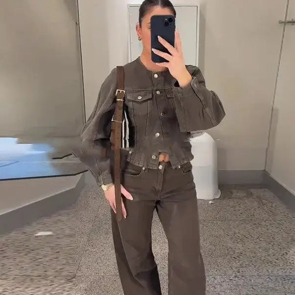 Brown denim jacket and pants outfit.