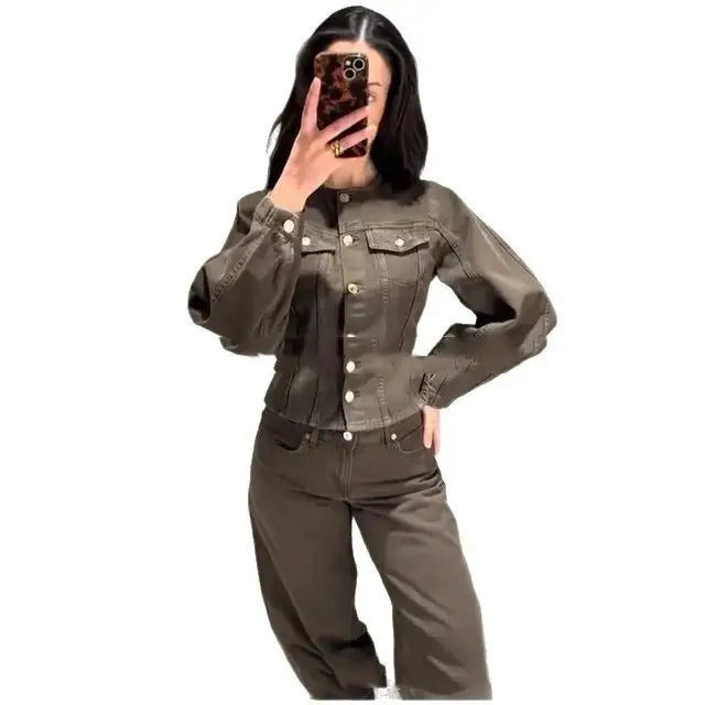 Olive-green denim jacket and pants set.