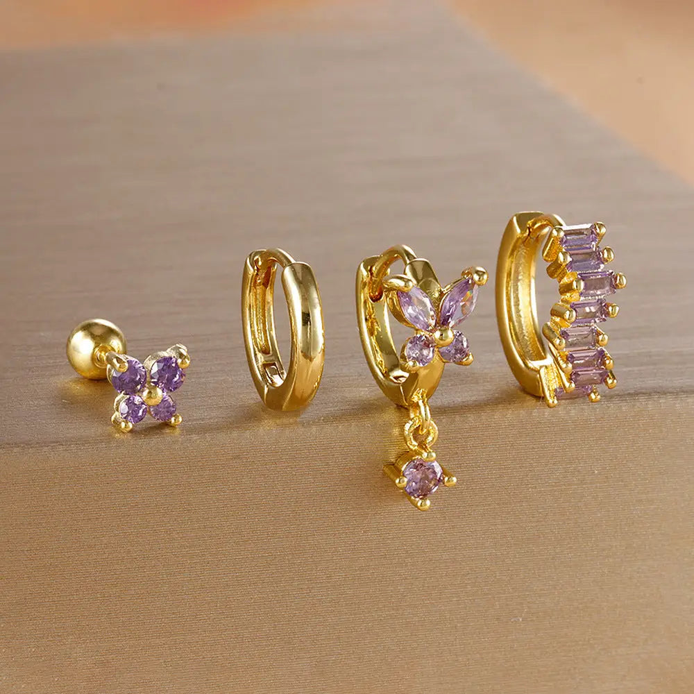 Diamond Butterfly Ear Set with Sparkling Diamonds - Golden Purple Diamond