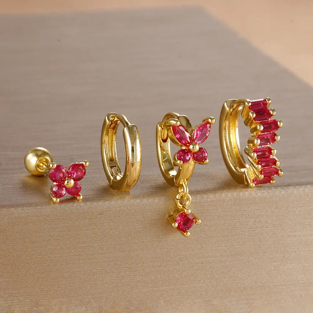 Diamond Butterfly Ear Set with Sparkling Diamonds - Golden Red Diamond