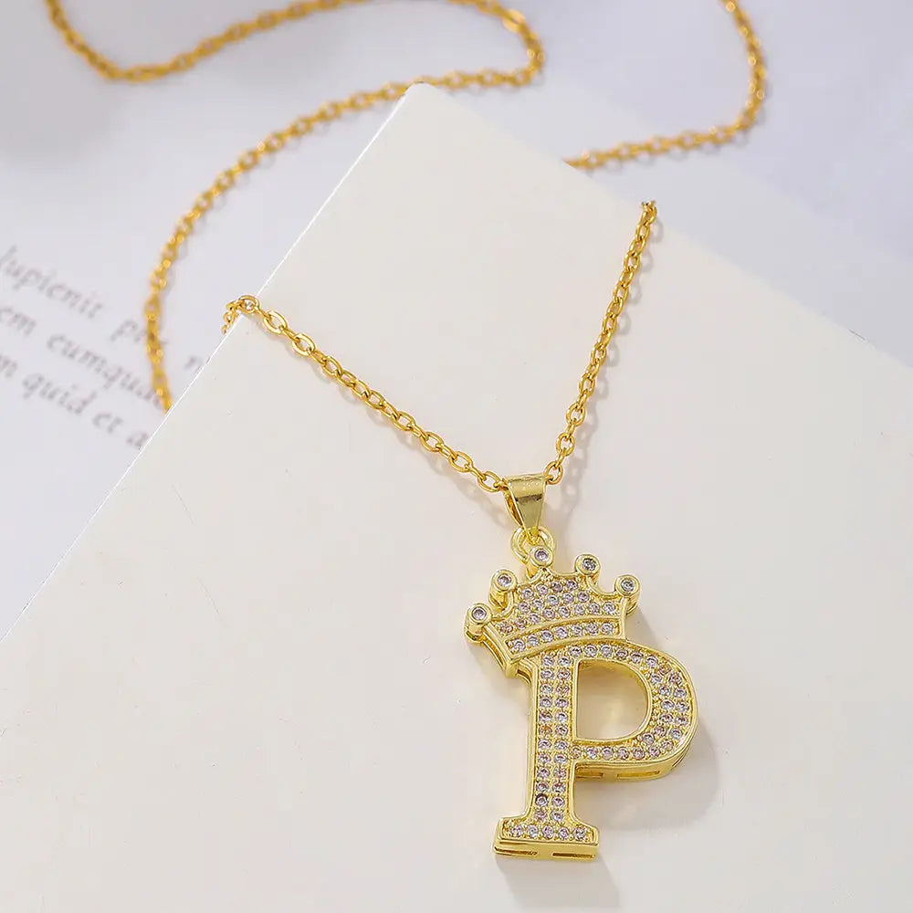 Diamond Crown Letter Necklace Set - Gold / P - 4