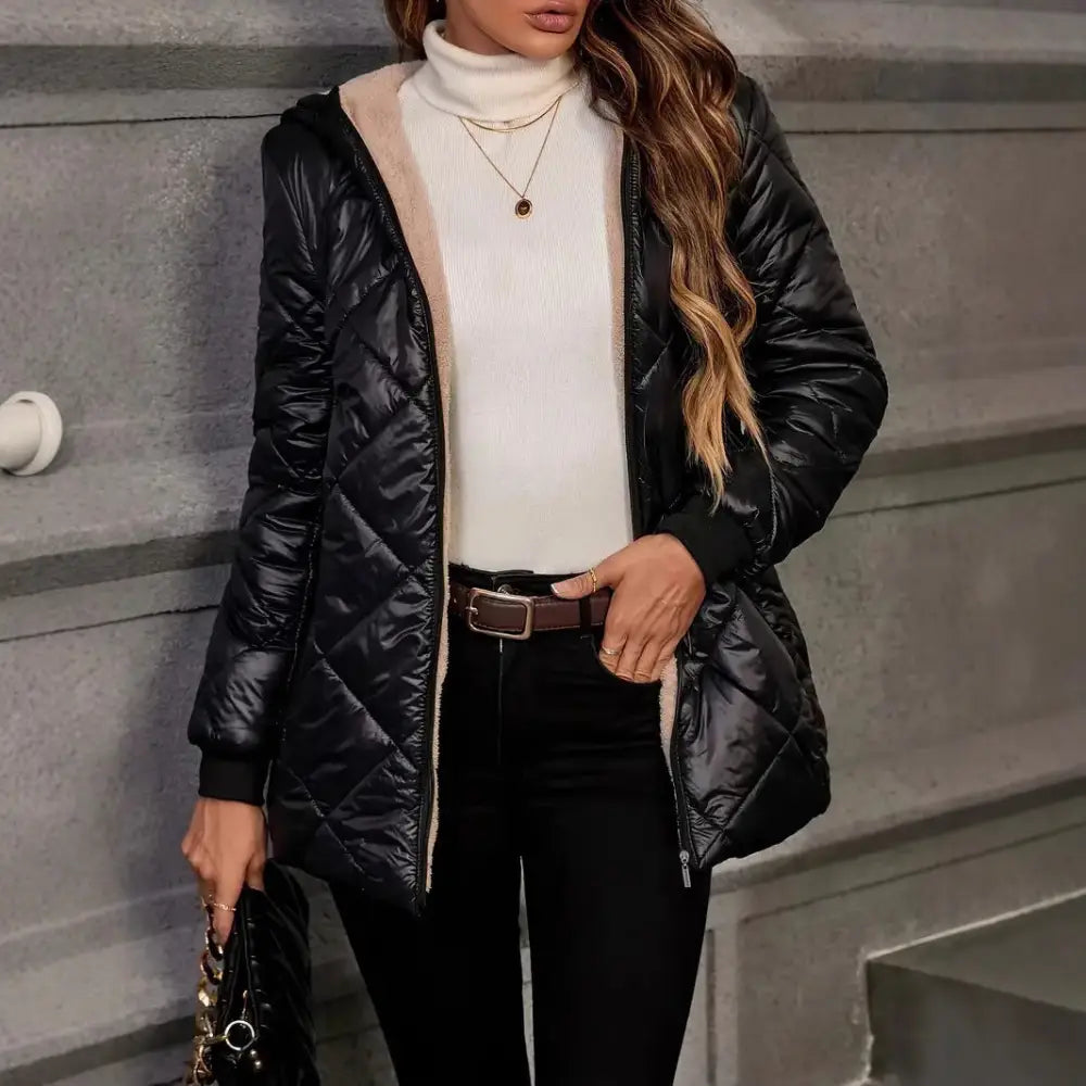 Black quilted hooded jacket.
