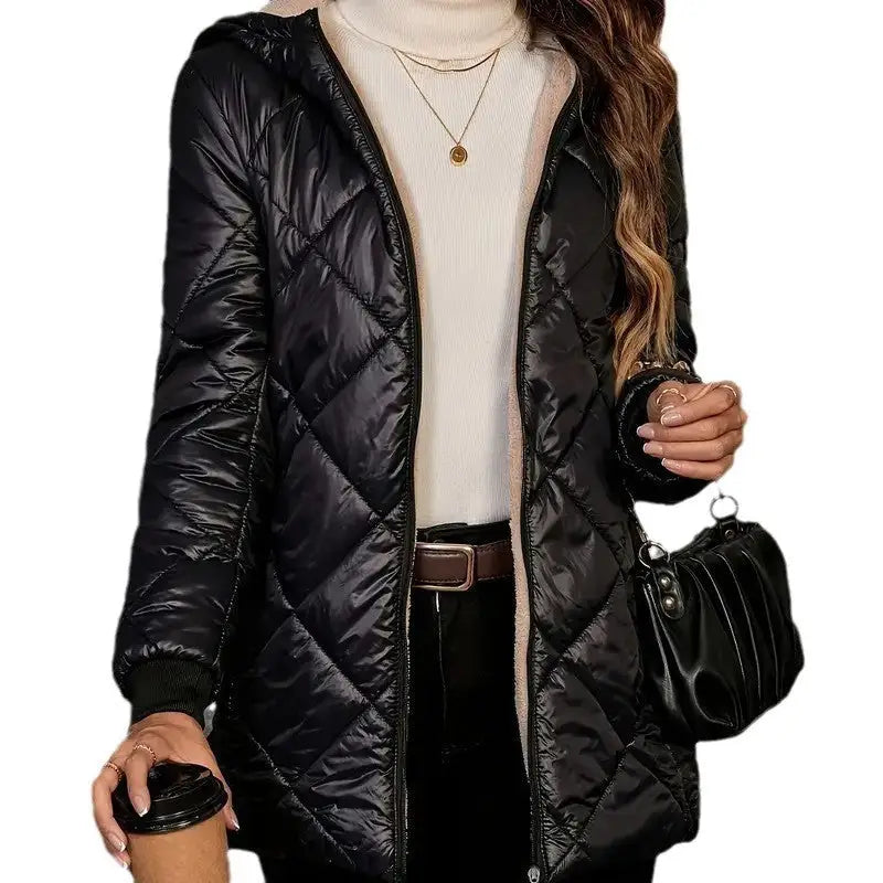 Black quilted hooded jacket.