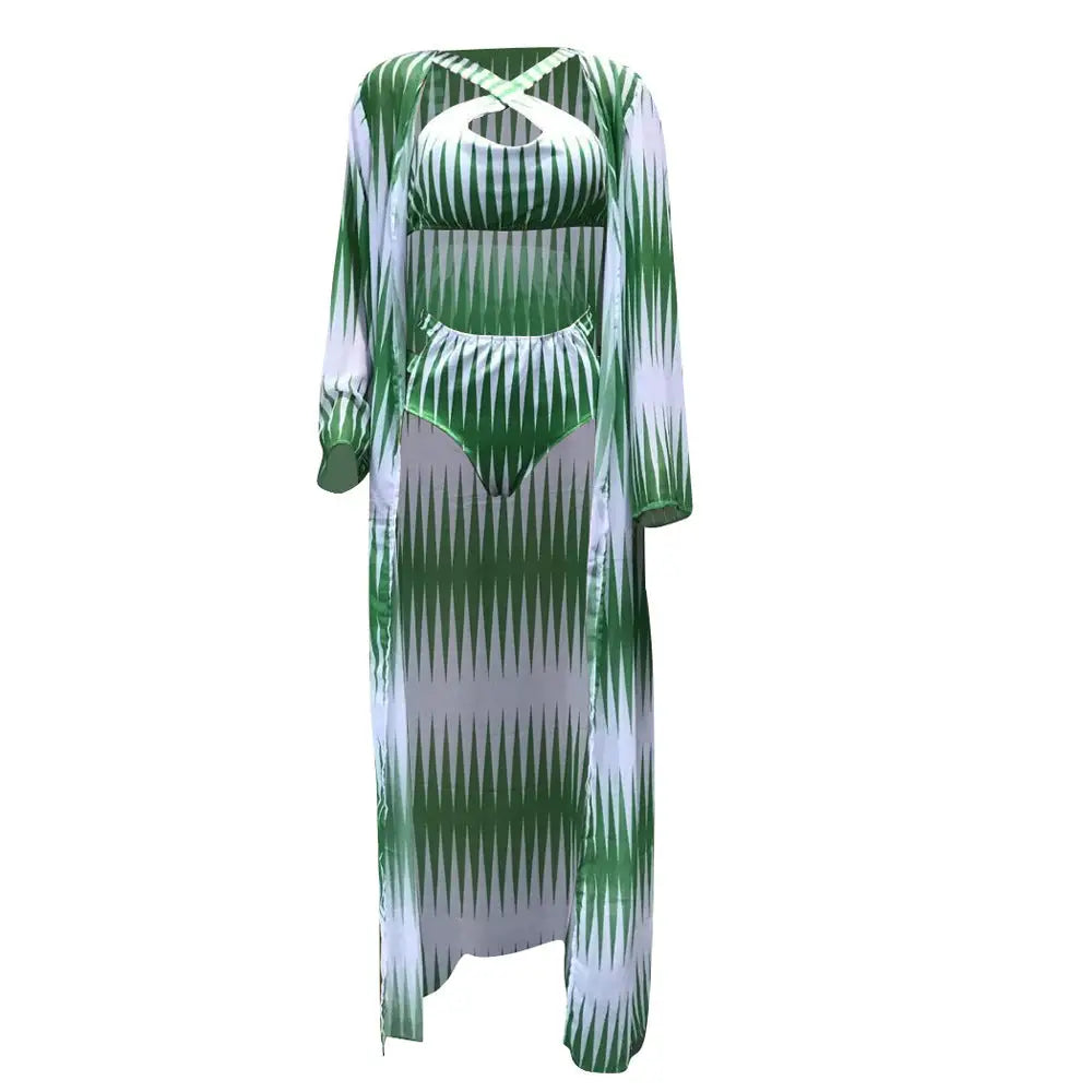 Digital Print Bikini Swimsuit Three Piece - Green / S
