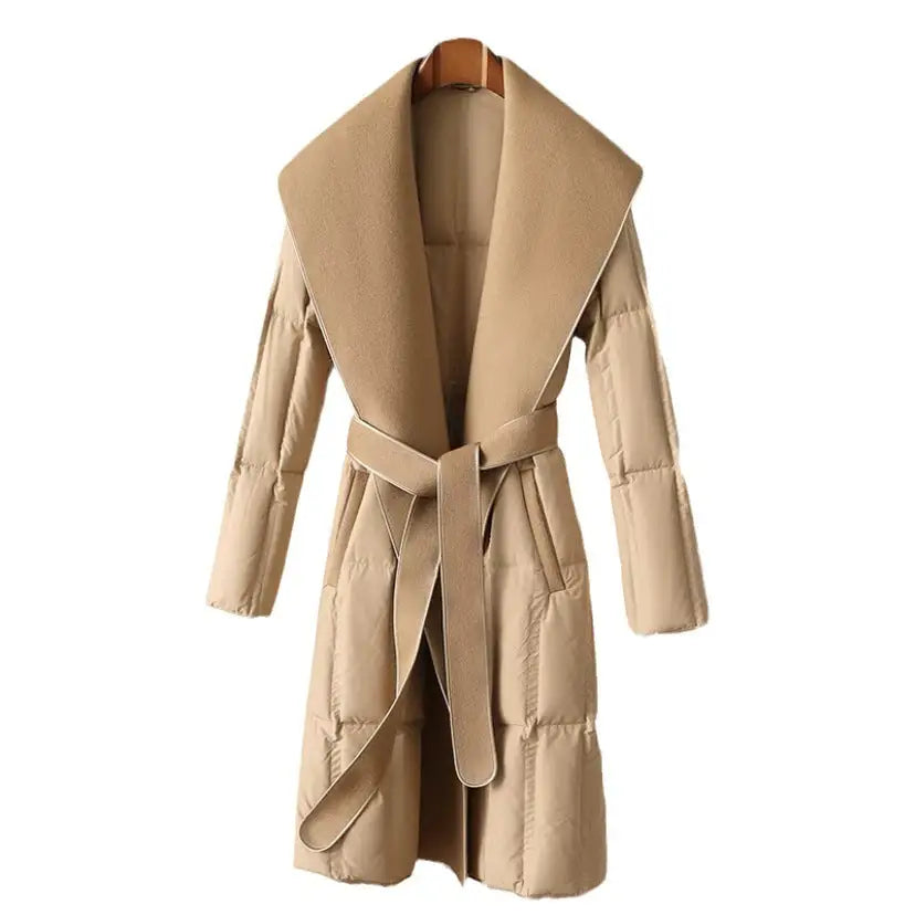 Beige belted puffer coat.