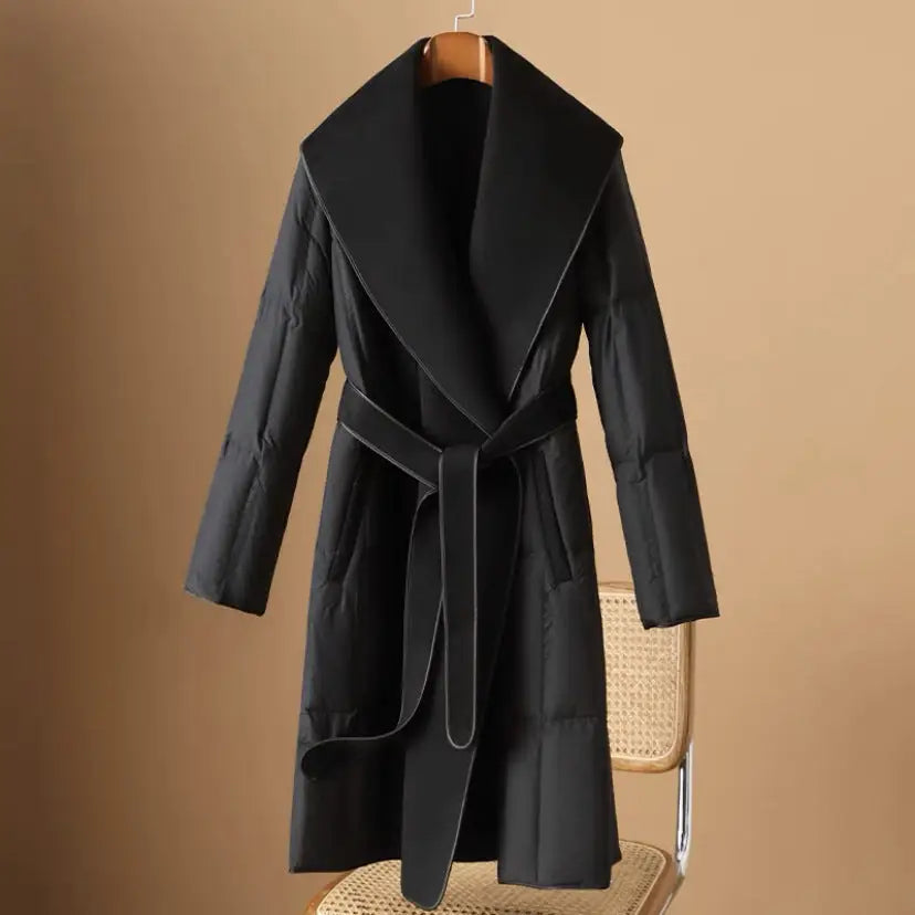Black belted winter coat.