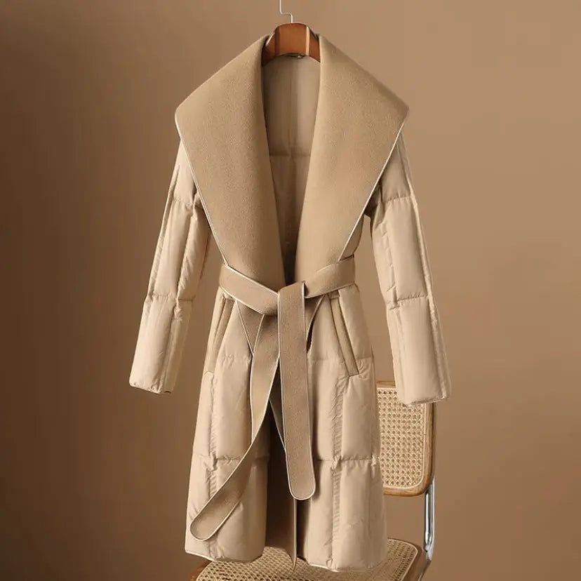 Beige belted winter coat.